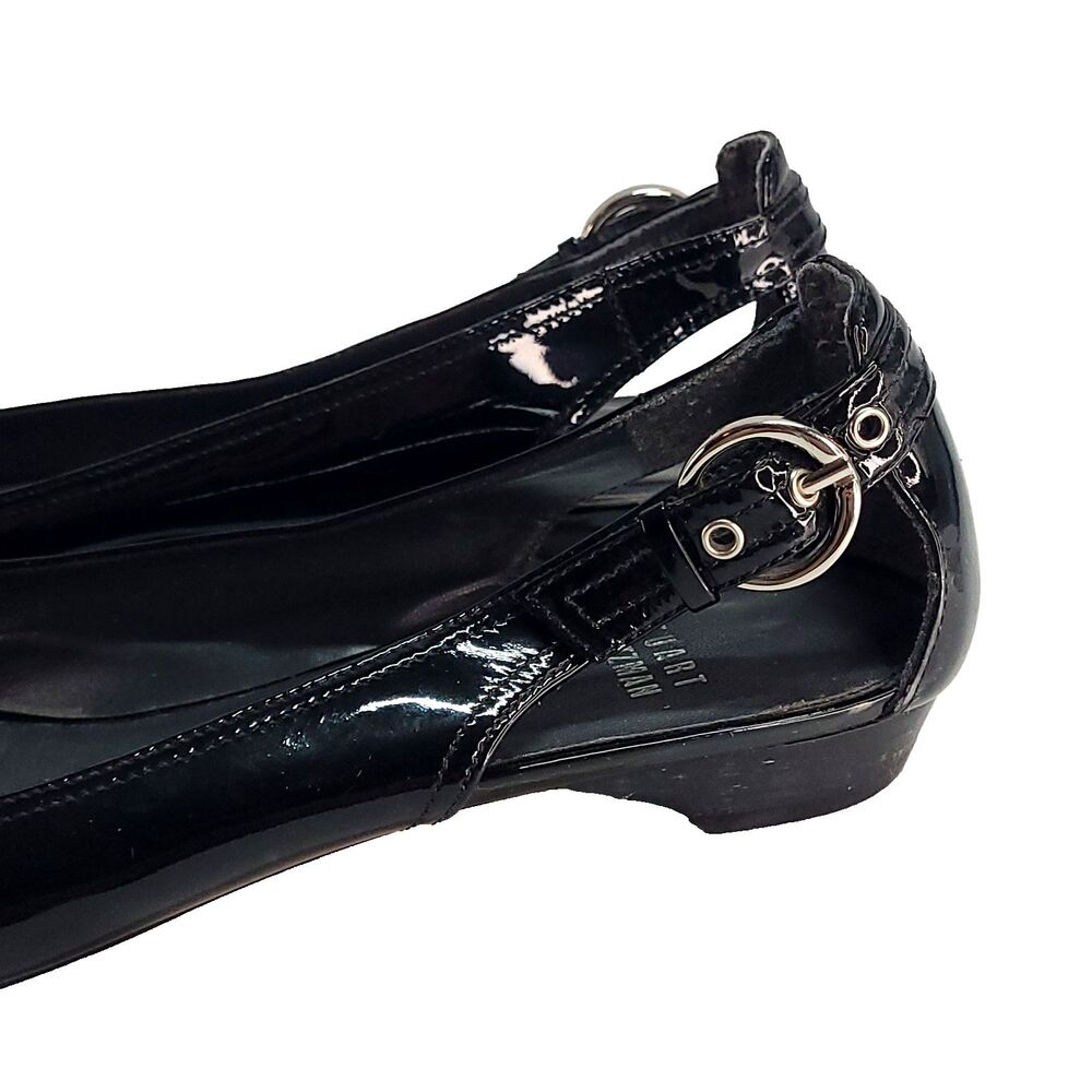 stuart weitzman Chit Chat Patent Leather Flats 8.5 Black Sling Back Peep Toe - Picture 4 of 14